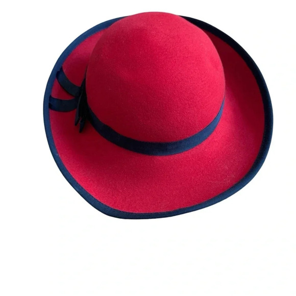 Vintage Doeskin Felt 100% Wool Red Hat Black Trim Bow made in USA - Picture 5 of 7